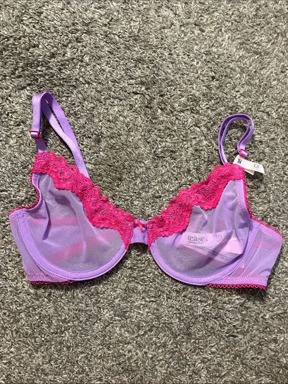 NWT Sheer Victoria's Secret Lavender Bra with Hot Pink Lace size 32C